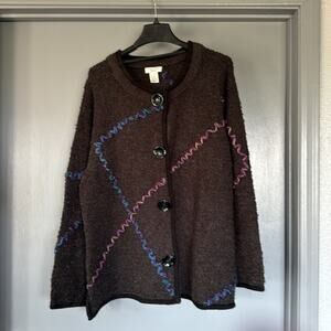 Laura Ashley Woman Wool Blend Cardigan Sweater Sz 2X Gray Snap Embroidery Artsy